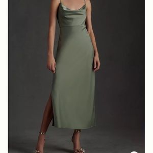 Anthropologie/ BHLDN Cali satin cowl neck midi slip bridesmaid dress MOSS color